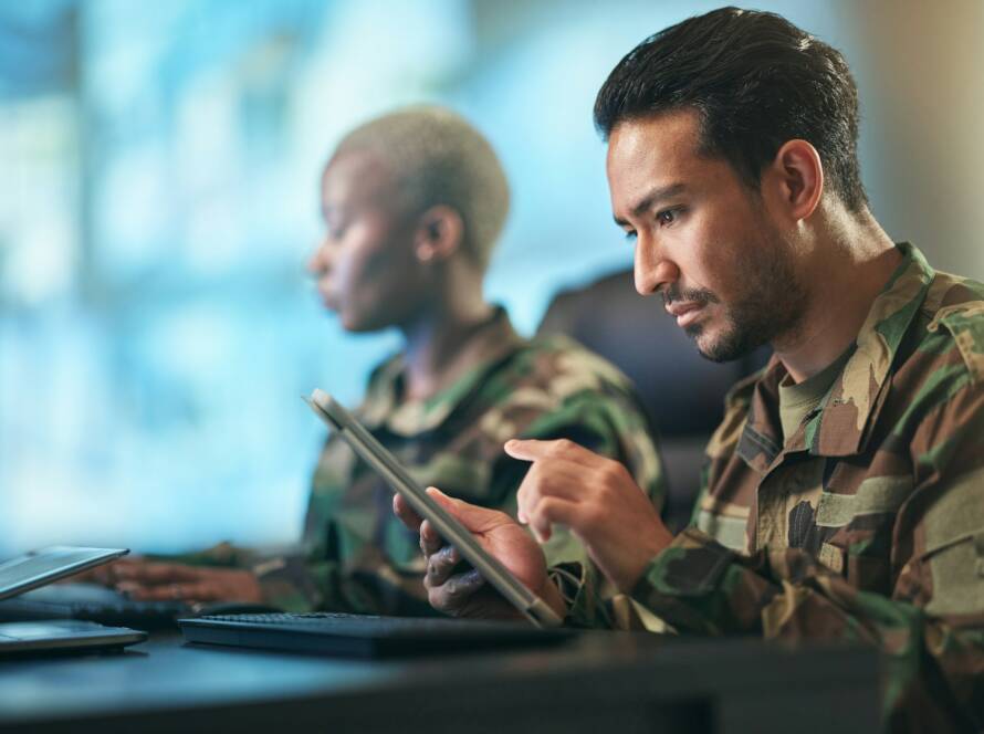 Asian man, army and tablet in research for military equipment, browsing or checking data at base. M