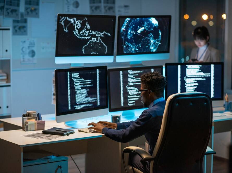 Young contemporary cyber security manager typing in front of computer